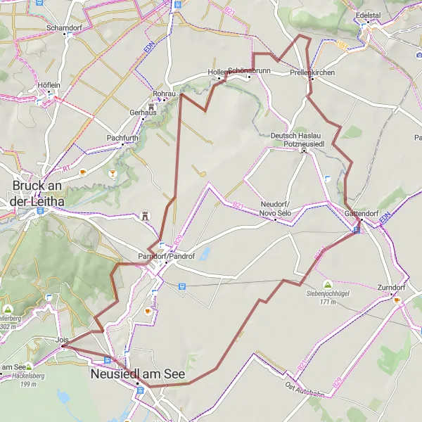 Mapa miniatúra "Gravelová jazda okolo Joisu" cyklistická inšpirácia v Burgenland, Austria. Vygenerované cyklistickým plánovačom trás Tarmacs.app