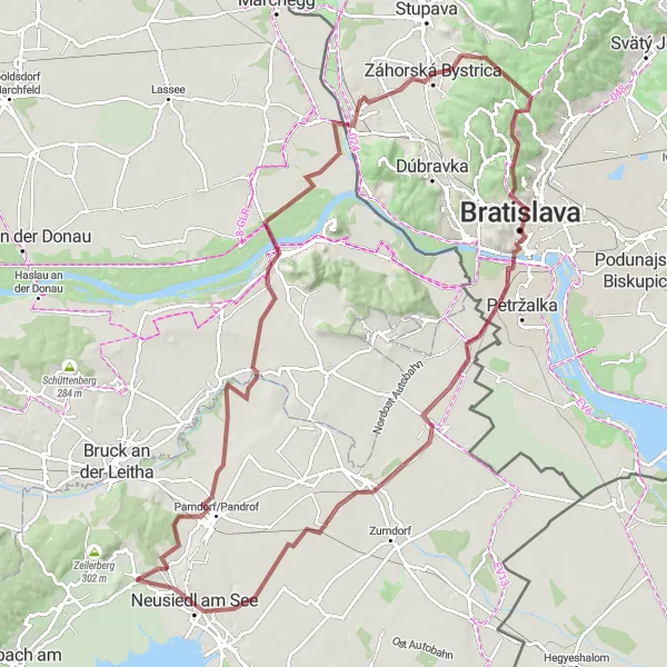 Miniatura della mappa di ispirazione al ciclismo "Avventura Gravel da Pánske a Neusiedl am See" nella regione di Burgenland, Austria. Generata da Tarmacs.app, pianificatore di rotte ciclistiche