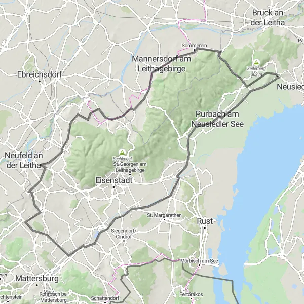 Miniatura della mappa di ispirazione al ciclismo "Il Giro dei Laghi Burgenland" nella regione di Burgenland, Austria. Generata da Tarmacs.app, pianificatore di rotte ciclistiche