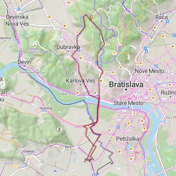 Karttaminiaatyyri "Kittsee - Kramáre - Dúbravka - Kittsee" pyöräilyinspiraatiosta alueella Burgenland, Austria. Luotu Tarmacs.app pyöräilyreittisuunnittelijalla