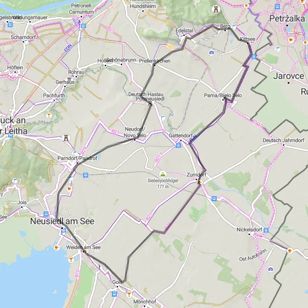 Miniaturní mapa "Trasa kolem Kittsee - Pama/Bijelo Selo" inspirace pro cyklisty v oblasti Burgenland, Austria. Vytvořeno pomocí plánovače tras Tarmacs.app