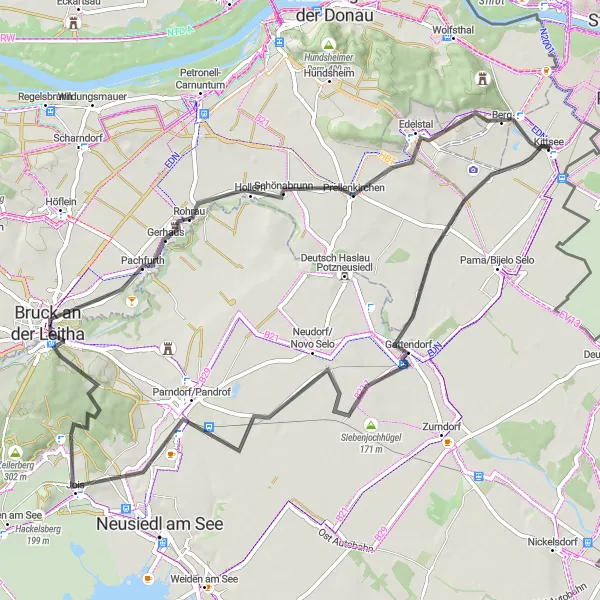 Miniaturní mapa "Okruh na kole kolem Kittsee" inspirace pro cyklisty v oblasti Burgenland, Austria. Vytvořeno pomocí plánovače tras Tarmacs.app