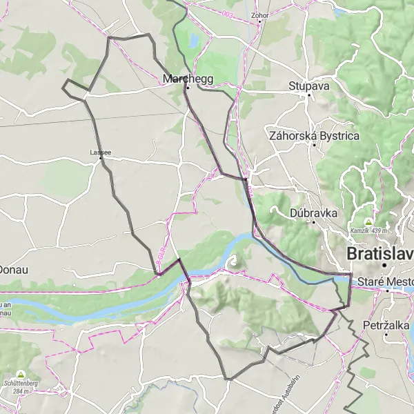 Miniatua del mapa de inspiración ciclista "Ruta en carretera hacia Bratislava Blick" en Burgenland, Austria. Generado por Tarmacs.app planificador de rutas ciclistas