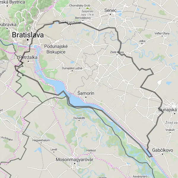 Mapa miniatúra "Okruh cez Ivanku pri Dunaji a Rusovce" cyklistická inšpirácia v Burgenland, Austria. Vygenerované cyklistickým plánovačom trás Tarmacs.app