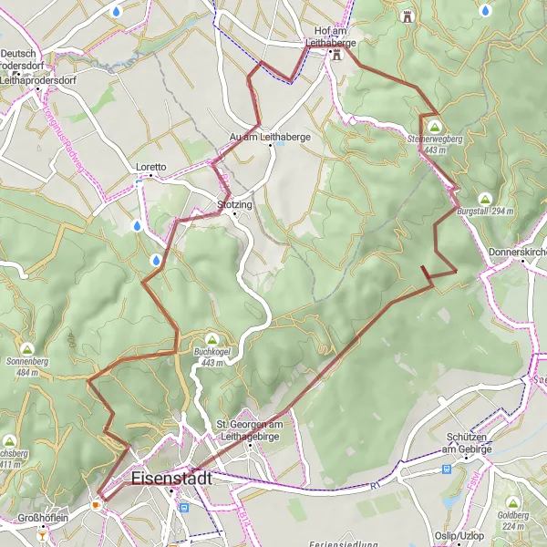 Miniature de la carte de l'inspiration cycliste "Les collines de Kleinhöflein en gravel" dans la Burgenland, Austria. Générée par le planificateur d'itinéraire cycliste Tarmacs.app