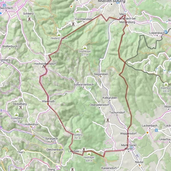 Miniatura della mappa di ispirazione al ciclismo "Giro in bicicletta gravel da Marz a Forchtenstein" nella regione di Burgenland, Austria. Generata da Tarmacs.app, pianificatore di rotte ciclistiche