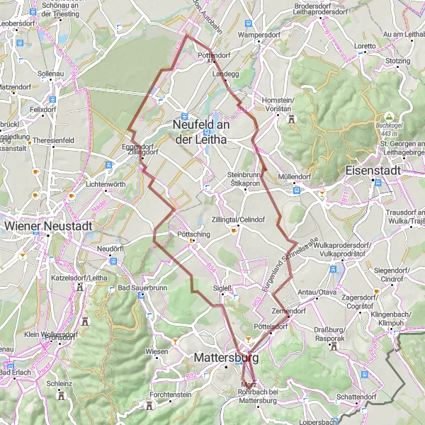 Karttaminiaatyyri "Sigleß - Zillingdorf - Pottendorf - Kleinfrauenhaid - Walbersdorf" pyöräilyinspiraatiosta alueella Burgenland, Austria. Luotu Tarmacs.app pyöräilyreittisuunnittelijalla