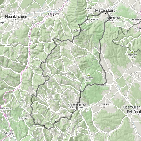 Kartminiatyr av "Utforsk Bucklige Welt og Mattersburg på sykkel" sykkelinspirasjon i Burgenland, Austria. Generert av Tarmacs.app sykkelrutoplanlegger