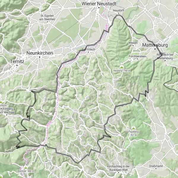 Miniatura della mappa di ispirazione al ciclismo "Giro in bicicletta su strada attraverso colline e montagne" nella regione di Burgenland, Austria. Generata da Tarmacs.app, pianificatore di rotte ciclistiche