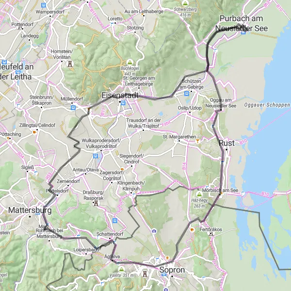 Zemljevid v pomanjšavi "Prijazna cestna kolesarska tura med Eisenstadtom in Sopronom" kolesarske inspiracije v Burgenland, Austria. Generirano z načrtovalcem kolesarskih poti Tarmacs.app