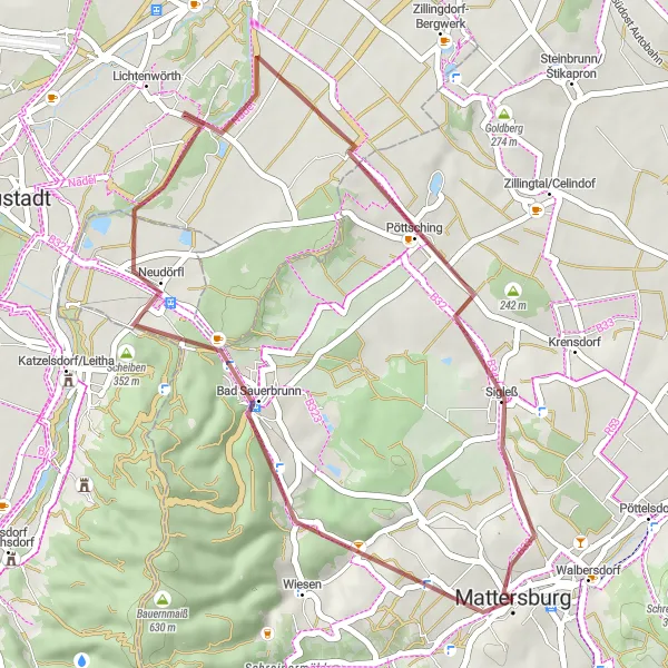 Miniatura della mappa di ispirazione al ciclismo "Sentiero gravel da Mattersburg a Sigleß" nella regione di Burgenland, Austria. Generata da Tarmacs.app, pianificatore di rotte ciclistiche