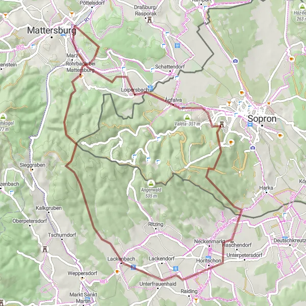 Miniaturní mapa "Gravelová cyklistická trasa kolem Mattersburgu" inspirace pro cyklisty v oblasti Burgenland, Austria. Vytvořeno pomocí plánovače tras Tarmacs.app