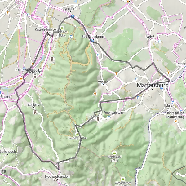 Zemljevid v pomanjšavi "Kolesarska pot skozi Lanzenkirchen" kolesarske inspiracije v Burgenland, Austria. Generirano z načrtovalcem kolesarskih poti Tarmacs.app