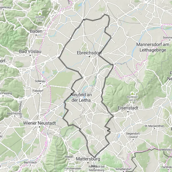 Zemljevid v pomanjšavi "100 km dolgi cestni krog okoli Mattersburga" kolesarske inspiracije v Burgenland, Austria. Generirano z načrtovalcem kolesarskih poti Tarmacs.app