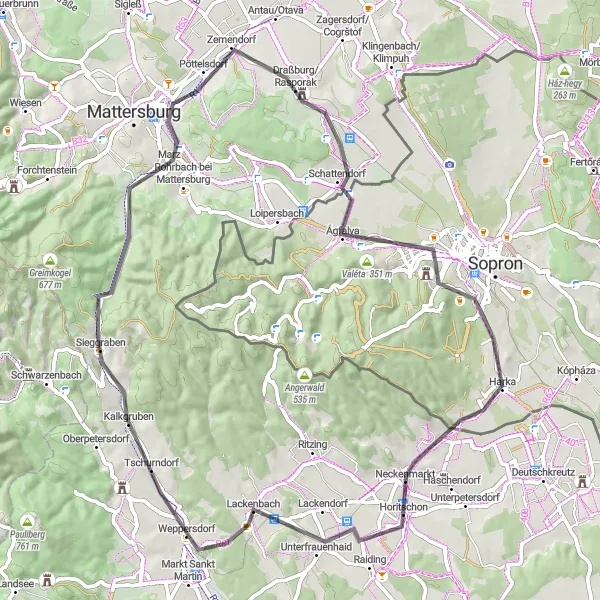 Miniatua del mapa de inspiración ciclista "Aventura en carretera desde Pöttelsdorf" en Burgenland, Austria. Generado por Tarmacs.app planificador de rutas ciclistas