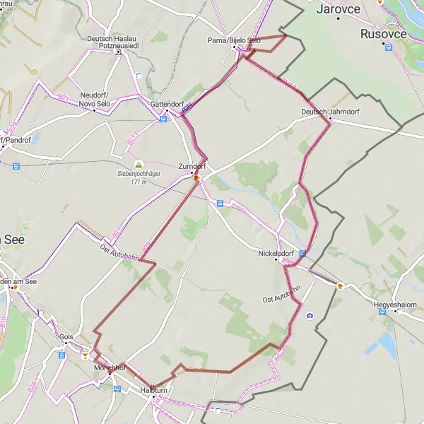 Miniatua del mapa de inspiración ciclista "Ruta de grava a Mönchhof y Halbturn" en Burgenland, Austria. Generado por Tarmacs.app planificador de rutas ciclistas