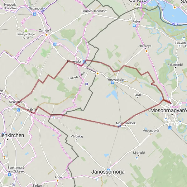 Miniatura mapy "Trasa gravelowa przez Mosonmagyaróvár i Schloss Halbturn" - trasy rowerowej w Burgenland, Austria. Wygenerowane przez planer tras rowerowych Tarmacs.app