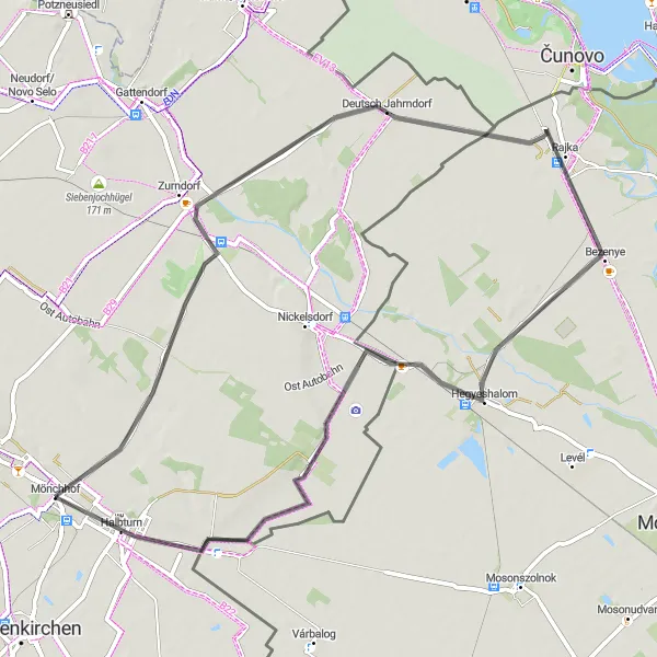 Miniatura mapy "Przejażdżka przez Deutsch Jahrndorf i Hegyeshalom" - trasy rowerowej w Burgenland, Austria. Wygenerowane przez planer tras rowerowych Tarmacs.app