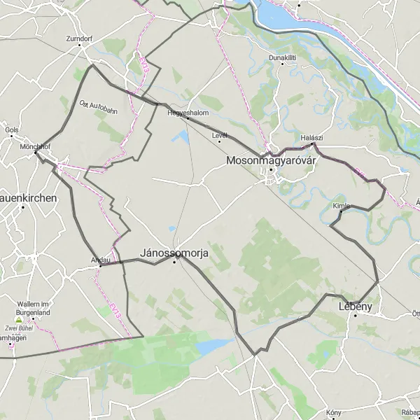 Kartminiatyr av "Landevei til Andau" sykkelinspirasjon i Burgenland, Austria. Generert av Tarmacs.app sykkelrutoplanlegger