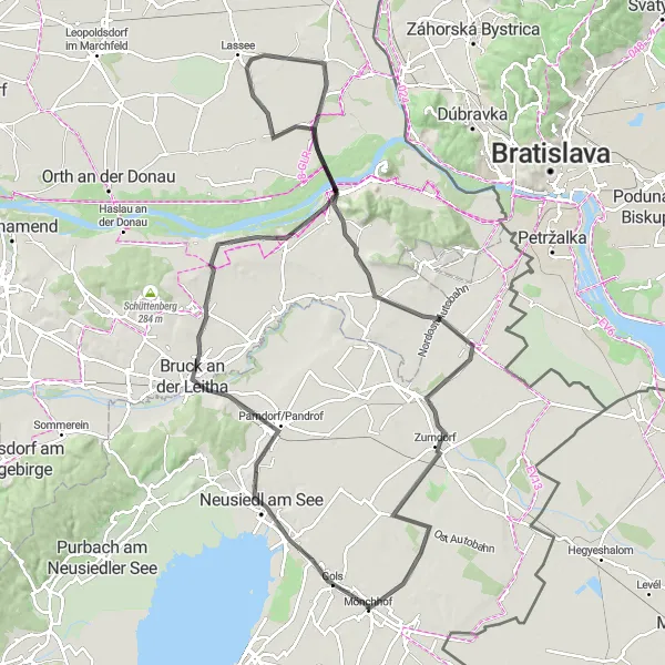 Miniatura della mappa di ispirazione al ciclismo "Tour in bicicletta da Mönchhof a Zurndorf e oltre" nella regione di Burgenland, Austria. Generata da Tarmacs.app, pianificatore di rotte ciclistiche