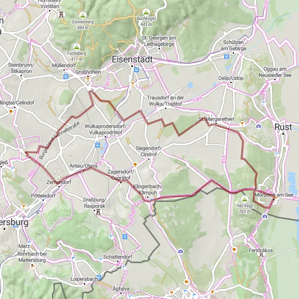 Miniatura della mappa di ispirazione al ciclismo "Giro in bicicletta attraverso Siegendorfer Straße" nella regione di Burgenland, Austria. Generata da Tarmacs.app, pianificatore di rotte ciclistiche