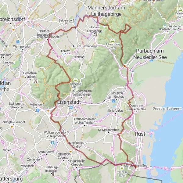 Miniatura della mappa di ispirazione al ciclismo "Giro in Gravel attraverso Le Colline del Burgenland" nella regione di Burgenland, Austria. Generata da Tarmacs.app, pianificatore di rotte ciclistiche