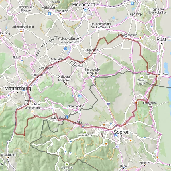 Zemljevid v pomanjšavi "Gorski kolesarski izziv Mörbisch am See" kolesarske inspiracije v Burgenland, Austria. Generirano z načrtovalcem kolesarskih poti Tarmacs.app