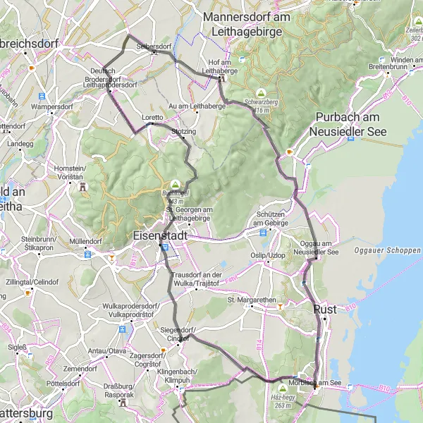 Miniaturní mapa "Cyklotrasa Mörbisch am See - Vogelbeobachtungsturm" inspirace pro cyklisty v oblasti Burgenland, Austria. Vytvořeno pomocí plánovače tras Tarmacs.app
