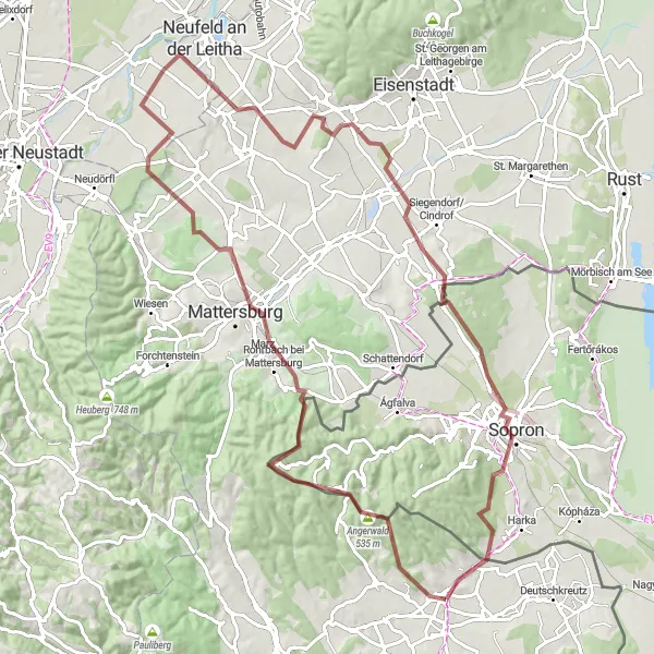 Zemljevid v pomanjšavi "Pustolovska kolesarska pot z razgledi na hribovito pokrajino" kolesarske inspiracije v Burgenland, Austria. Generirano z načrtovalcem kolesarskih poti Tarmacs.app