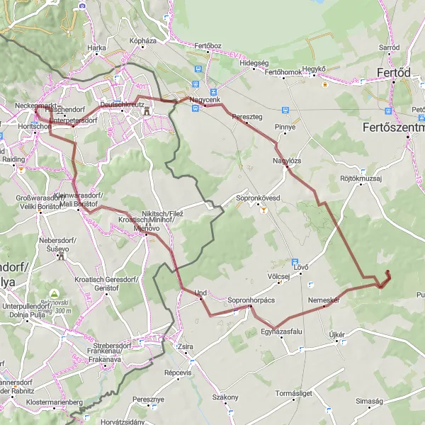 Miniatua del mapa de inspiración ciclista "Ruta de ciclismo gravel desde Neckenmarkt" en Burgenland, Austria. Generado por Tarmacs.app planificador de rutas ciclistas