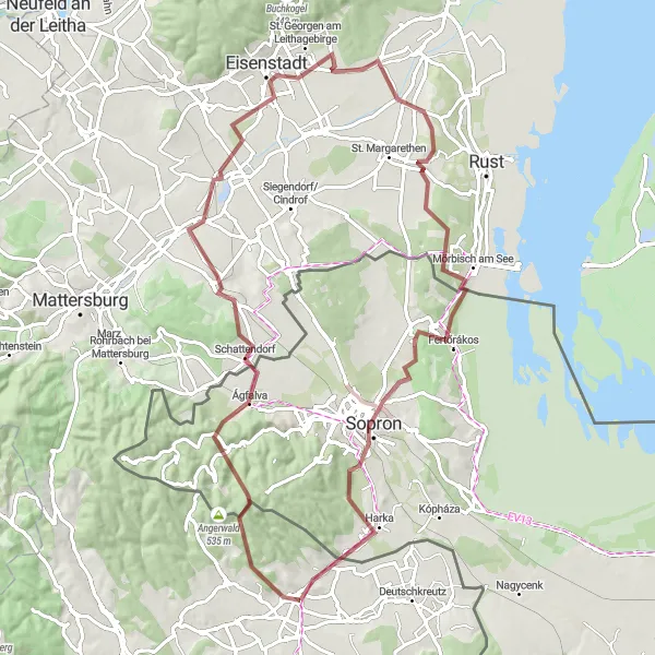 Karttaminiaatyyri "Gravel Polku Eisenstadt kautta Soproniin" pyöräilyinspiraatiosta alueella Burgenland, Austria. Luotu Tarmacs.app pyöräilyreittisuunnittelijalla