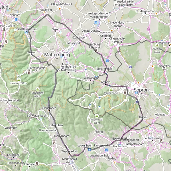 Miniatua del mapa de inspiración ciclista "Ruta en carretera por Weppersdorf - Schattendorf" en Burgenland, Austria. Generado por Tarmacs.app planificador de rutas ciclistas