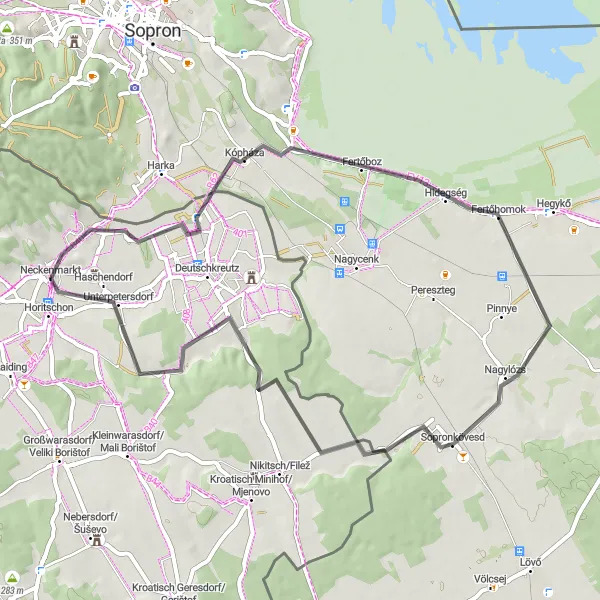 Zemljevid v pomanjšavi "Kolesarska pot Kópháza" kolesarske inspiracije v Burgenland, Austria. Generirano z načrtovalcem kolesarskih poti Tarmacs.app