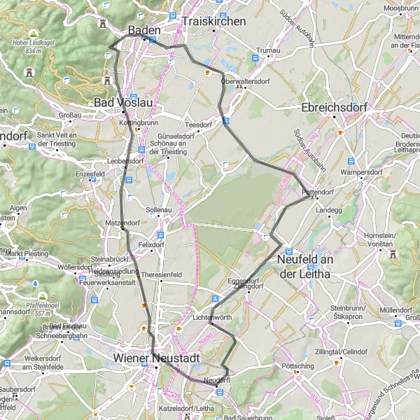 Map miniature of "Wiener Neustadt Loop" cycling inspiration in Burgenland, Austria. Generated by Tarmacs.app cycling route planner