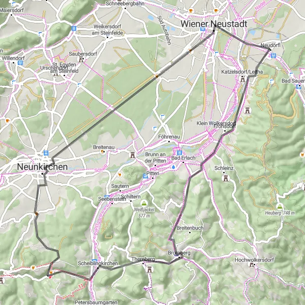 Map miniature of "Neudörfl to Wiener Neustadt Challenge" cycling inspiration in Burgenland, Austria. Generated by Tarmacs.app cycling route planner
