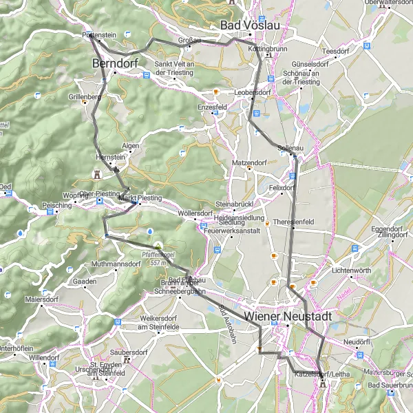 Karttaminiaatyyri "Bad Vöslau - Schloss Katzelsdorf Road Trip" pyöräilyinspiraatiosta alueella Burgenland, Austria. Luotu Tarmacs.app pyöräilyreittisuunnittelijalla
