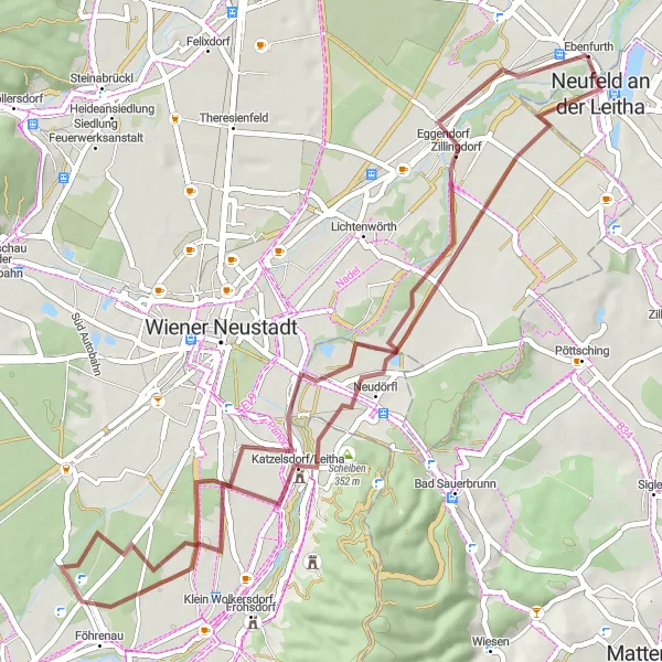 Miniatua del mapa de inspiración ciclista "Ruta de ciclismo de grava por Neufeld an der Leitha" en Burgenland, Austria. Generado por Tarmacs.app planificador de rutas ciclistas