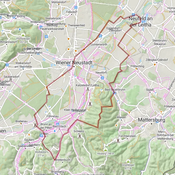 Miniaturní mapa "Gravelový okruh kolem Neufeld an der Leitha a okolí" inspirace pro cyklisty v oblasti Burgenland, Austria. Vytvořeno pomocí plánovače tras Tarmacs.app