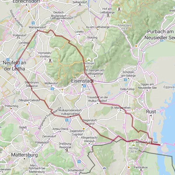 Map miniature of "Scenic Cycling Tour through Hirschbühel and Königsschüssel" cycling inspiration in Burgenland, Austria. Generated by Tarmacs.app cycling route planner