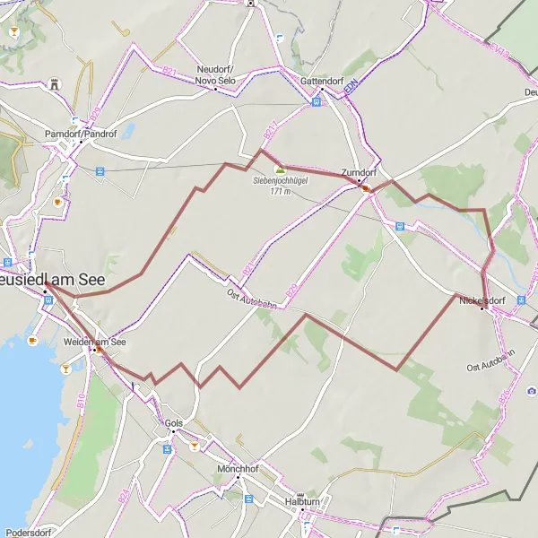 Mapa miniatúra "Jazda na gravele do Nickelsdorfu" cyklistická inšpirácia v Burgenland, Austria. Vygenerované cyklistickým plánovačom trás Tarmacs.app
