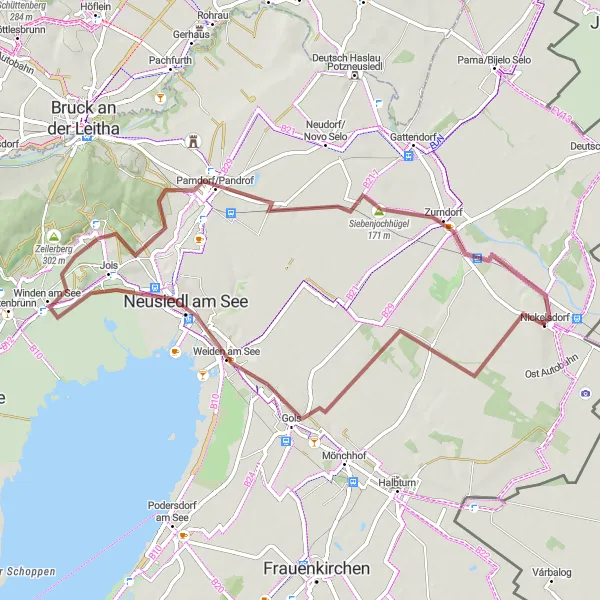 Map miniature of "Nickelsdorf to Siebenjochhügel Gravel Route" cycling inspiration in Burgenland, Austria. Generated by Tarmacs.app cycling route planner