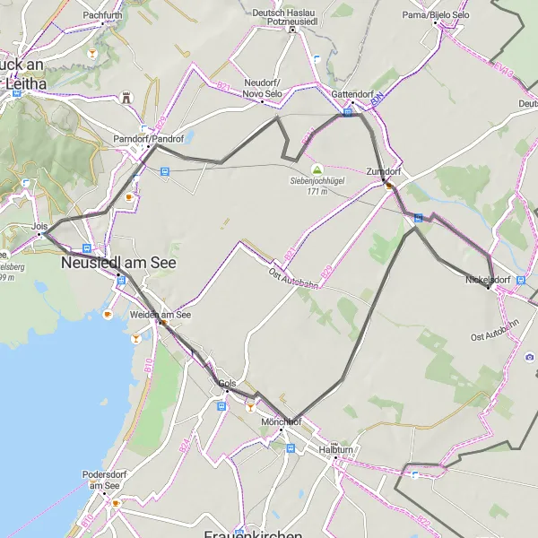 Map miniature of "Nickelsdorf to Zurndorf Road Route" cycling inspiration in Burgenland, Austria. Generated by Tarmacs.app cycling route planner