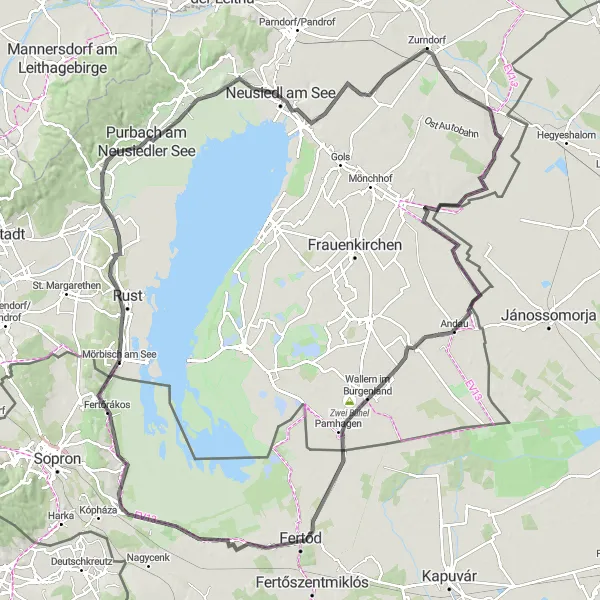 Miniatua del mapa de inspiración ciclista "Ruta de ciclismo por carretera desde Nickelsdorf" en Burgenland, Austria. Generado por Tarmacs.app planificador de rutas ciclistas