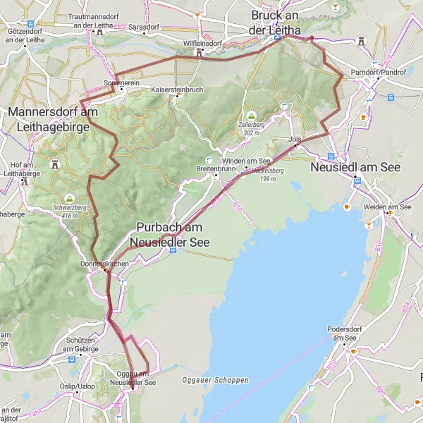 Karttaminiaatyyri "Donnerskirchen-Jungerberg Gravel Adventure" pyöräilyinspiraatiosta alueella Burgenland, Austria. Luotu Tarmacs.app pyöräilyreittisuunnittelijalla