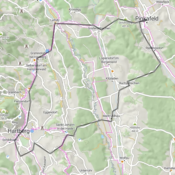 Miniatua del mapa de inspiración ciclista "Ruta de ciclismo de carretera Pinkafeld - Pinkafeld" en Burgenland, Austria. Generado por Tarmacs.app planificador de rutas ciclistas