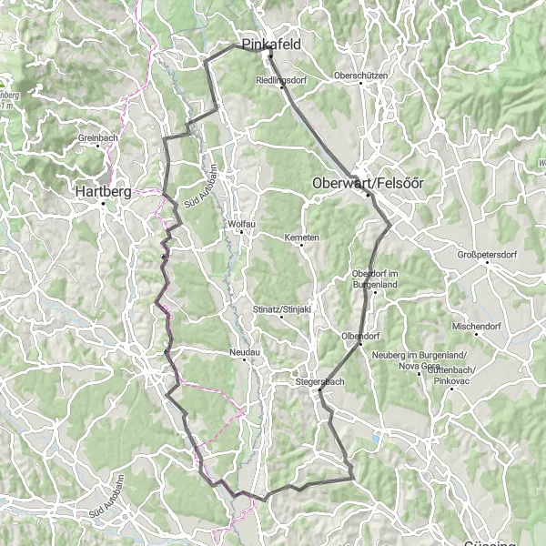 Map miniature of "Pinkafeld - Oberdorf - Bad Blumau" cycling inspiration in Burgenland, Austria. Generated by Tarmacs.app cycling route planner