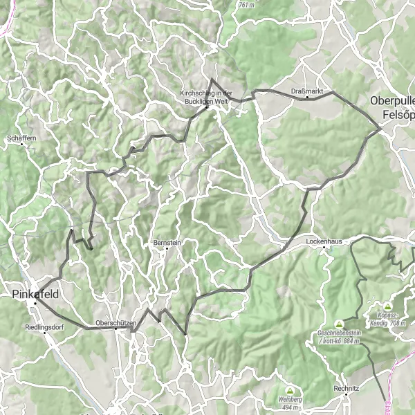 Mapa miniatúra "Cesta okolo Pinkafeldu" cyklistická inšpirácia v Burgenland, Austria. Vygenerované cyklistickým plánovačom trás Tarmacs.app