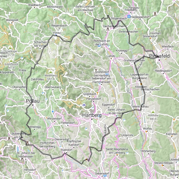 Miniaturní mapa "Okruh kolem Pinkafeldu s náročnými stoupáními" inspirace pro cyklisty v oblasti Burgenland, Austria. Vytvořeno pomocí plánovače tras Tarmacs.app