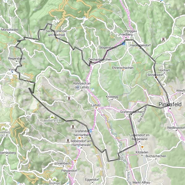 Zemljevid v pomanjšavi "Kolesarska pot okoli Pinkafeld (Burgenland, Avstrija)" kolesarske inspiracije v Burgenland, Austria. Generirano z načrtovalcem kolesarskih poti Tarmacs.app