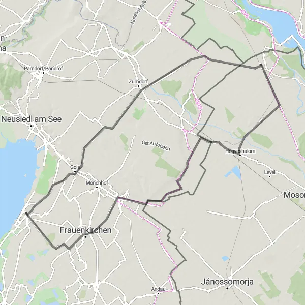 Miniatua del mapa de inspiración ciclista "Ruta de carretera a través de Nova Rock" en Burgenland, Austria. Generado por Tarmacs.app planificador de rutas ciclistas